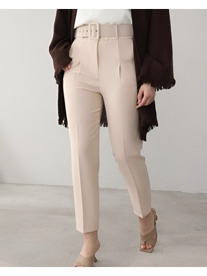 Modamorfo Kalın Kemerli Kumaş Pantalon    -Bej