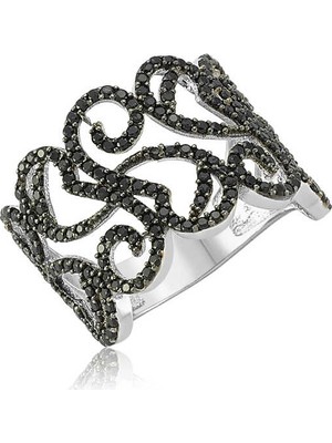 Pazarcan Gümüş Siyah Taşlı Bayan Yüzük