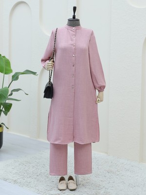Moda Morfo Metal Düğmeli Kolu Lastikli Pantolonlu  Takım  -Pudra