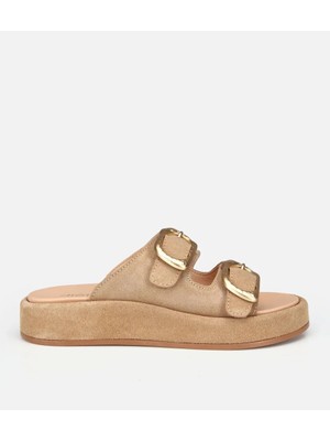 Hotiç 01TEH321640A310 KADIN Süet Deri Bej Gold Tokalı Düz Terlik