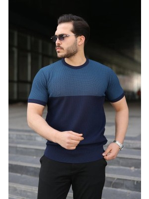 Erkek Renk Bloklu Bisiklet Yaka Kısa Kollu Triko Tişört