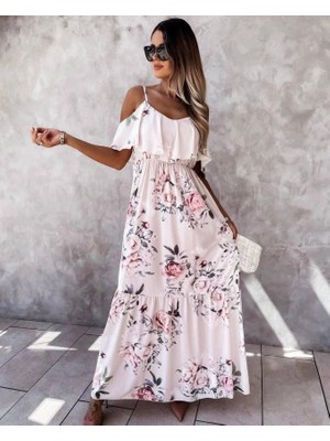 Defy Moda Kadın Gül Desenli Maxi Boy Mikro Kumaş Elbise