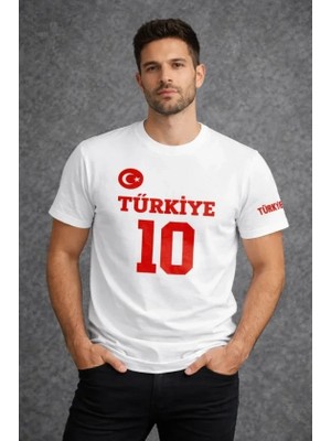 Erkek Türkiye Ay Yıldız Baskılı 10 Numara Forma Tişört Taraftar T-Shirt - Beyaz