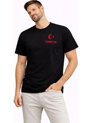 Erkek Türkiye Ay Yıldız Baskılı Taraftar Forma T-Shirt - Siyah