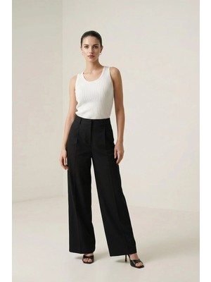 Setre Siyah Pile Detaylı Rahat Kesim Pantolon