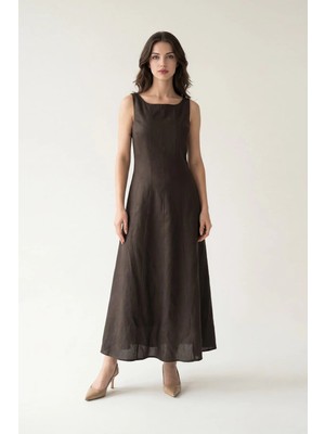 Setre Acı-Kahve %100 Keten Yaka ve Bel Detaylı Rahat Kesim Elbise