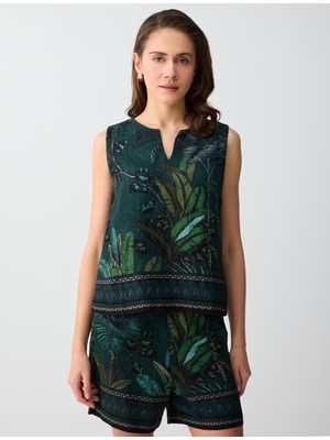 Jimmy Key Koyu Yeşil Keten Karışımlı V Yaka Kolsuz Desenli Dokuma Bluz