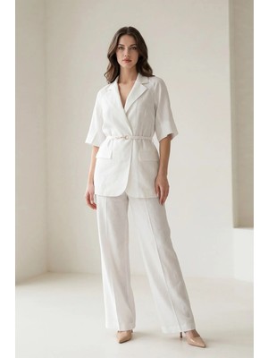 Setre Ekru %100 Keten Bel Yaka ve Kol Detaylı Ceket Rahat Kesim Pantolonlu Takım