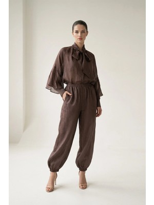 Setre Acı-Kahve %100 Keten Bilek Detaylı Rahat Kesim Pantolon