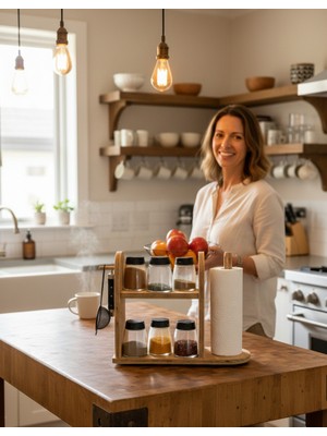 Tezgah Üstü Baharatlık  Modern Iskandinav Tarzı Raf , Mutfak Düzenleyici Kayın Ahşap Kağıt Havluluk Rolo Peçetelik Doğal Renk