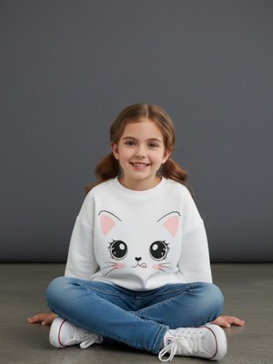 Evavi Kız Çocuk Dil Çıkaran Kedi Baskılı Beyaz Sweatshirt