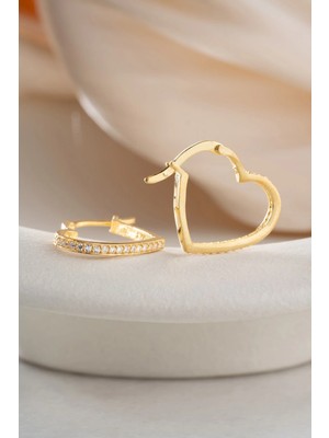 Nereze 925 Ayar Gümüş Gold Kaplama Zirkon Taşlı Kalp Model Küpe