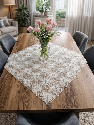 Lena Maison Ella Dantel Masa ve Fiskos Örtüsü Altın Simli Krem Rengi 95X95 cm