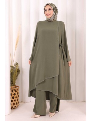 Bym Fashion Biyeli Uzun Tunik Pantolon Takım 8005 Haki