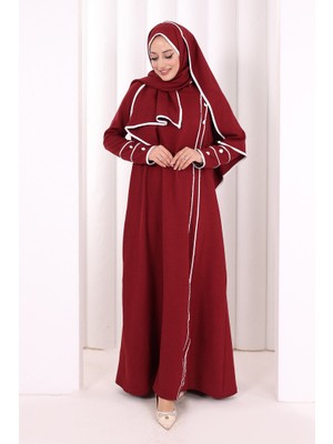 Bym Fashion Düğme ve Şerit Detay Elbise Şal Hediye! 6060 Bordo