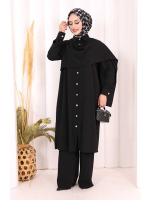 Bym Fashion Önü Şal Detaylı Tunik Pantolon Takım 8018 Siyah