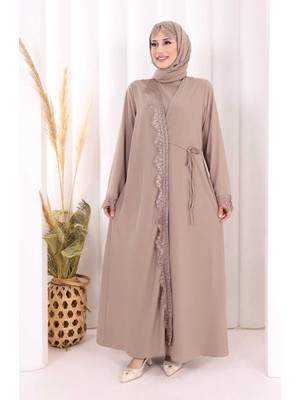 Bym Fashion Danteli Şallı Abaya Şal Hediyelidir! 7069 Vizon
