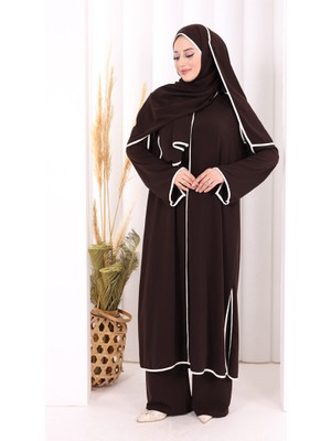 Bym Fashion Hac Umre Biyeli Pantolonlu Tunik Takım Şal Hediye 8001 Kahverengi