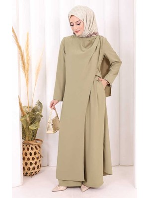 Bym Fashion Tek Omuz Gold Toka Detaylı Tunik Pantolon Takım 8698 Haki