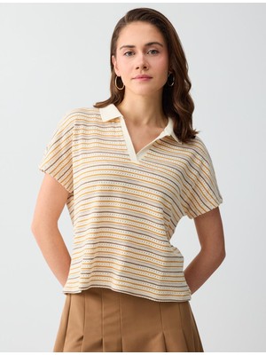 Jimmy Key Kırık Beyaz Polo Yaka Kısa Kollu Pamuklu Çizgili Örme Bluz