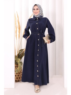 Bym Fashion Gold Düğmeli Elbise 7065 Lacivert