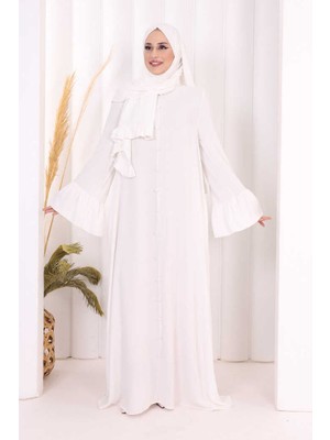Bym Fashion Kol Fırfır Detay Elbise Şal Hediye! 6073 Ekru