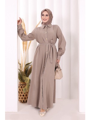 Bym Fashion Gold Düğmeli Elbise 7065 Vizon