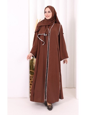 Bym Fashion Dantel Şeritli Abaya Elbise Şal Üçlü Takım 6074 Kahverengi