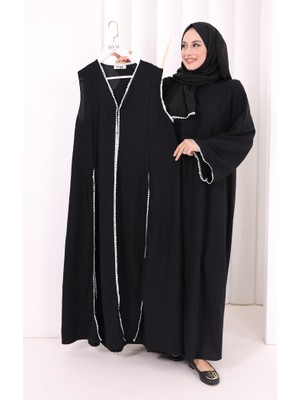 Bym Fashion Dantel Şeritli Abaya Elbise Şal Üçlü Takım 6074 Siyah