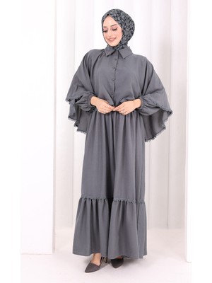 Bym Fashion Güpür Detay Pelerinli Elbise 6079 Antrasit