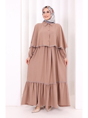 Bym Fashion Güpür Detay Pelerinli Elbise 6079 Somon