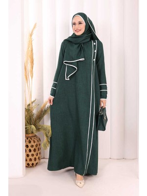 Bym Fashion Düğme ve Şerit Detay Elbise Şal Hediye! 6060 Zümrüt