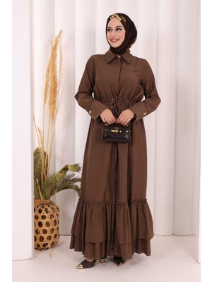 Bym Fashion Belden Lastikli Boydan Düğmeli Elbise 6062 Kahverengi
