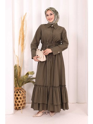 Bym Fashion Belden Lastikli Boydan Düğmeli Elbise 6062 Haki