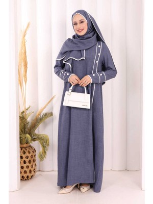 Bym Fashion Düğme ve Şerit Detay Elbise Şal Hediye! 6060 Lacivert