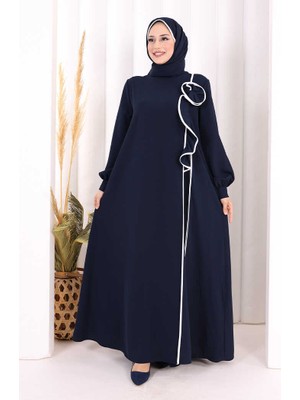 Bym Fashion Gül ve Şerit Detaylı Elbise Şal Hediyeli 6065 Lacivert