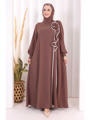 Bym Fashion Gül ve Şerit Detaylı Elbise Şal Hediyeli 6065 Vizon