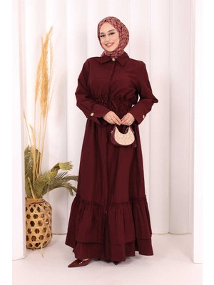 Bym Fashion Belden Lastikli Boydan Düğmeli Elbise 6062 Bordo