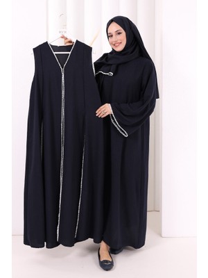 Bym Fashion Dantel Şeritli Abaya Elbise Şal Üçlü Takım 6074 Lacivert