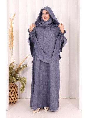 Bym Fashion Keten Sufleli Elbise Takım 6067 Indigo