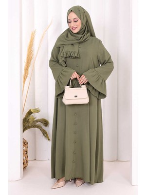 Bym Fashion Kol Fırfır Detay Elbise Şal Hediye! 6073 Haki