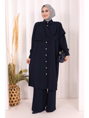 Bym Fashion Önü Şal Detaylı Tunik Pantolon Takım 8018 Lacivert