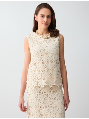 Jimmy Key Kırık Beyaz %100 Pamuk Yuvarlak Yaka Dantel Detaylı Örme Bluz