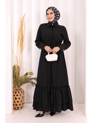 Bym Fashion Belden Lastikli Boydan Düğmeli Elbise 6062 Siyah