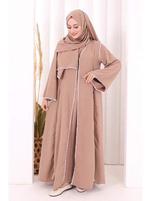 Bym Fashion Dantel Şeritli Abaya Elbise Şal Üçlü Takım 6074 Somon