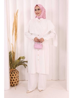 Bym Fashion Önü Şal Detaylı Tunik Pantolon Takım 8018 Ekru