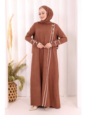 Bym Fashion Düğme ve Şerit Detay Elbise Şal Hediye! 6060 Taba