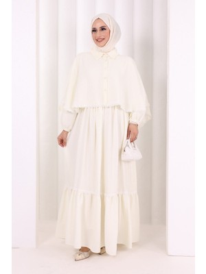 Bym Fashion Güpür Detay Pelerinli Elbise 6079 Ekru