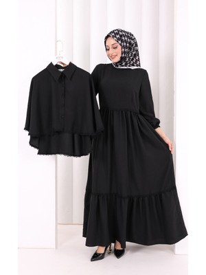 Bym Fashion Güpür Detay Pelerinli Elbise 6079 Siyah