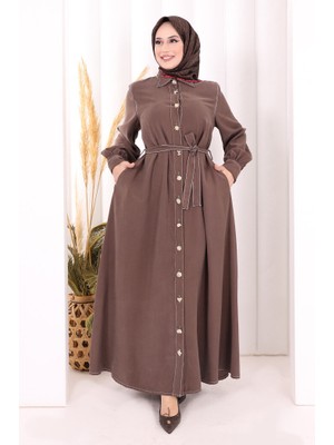 Bym Fashion Gold Düğmeli Elbise 7065 Kahverengi